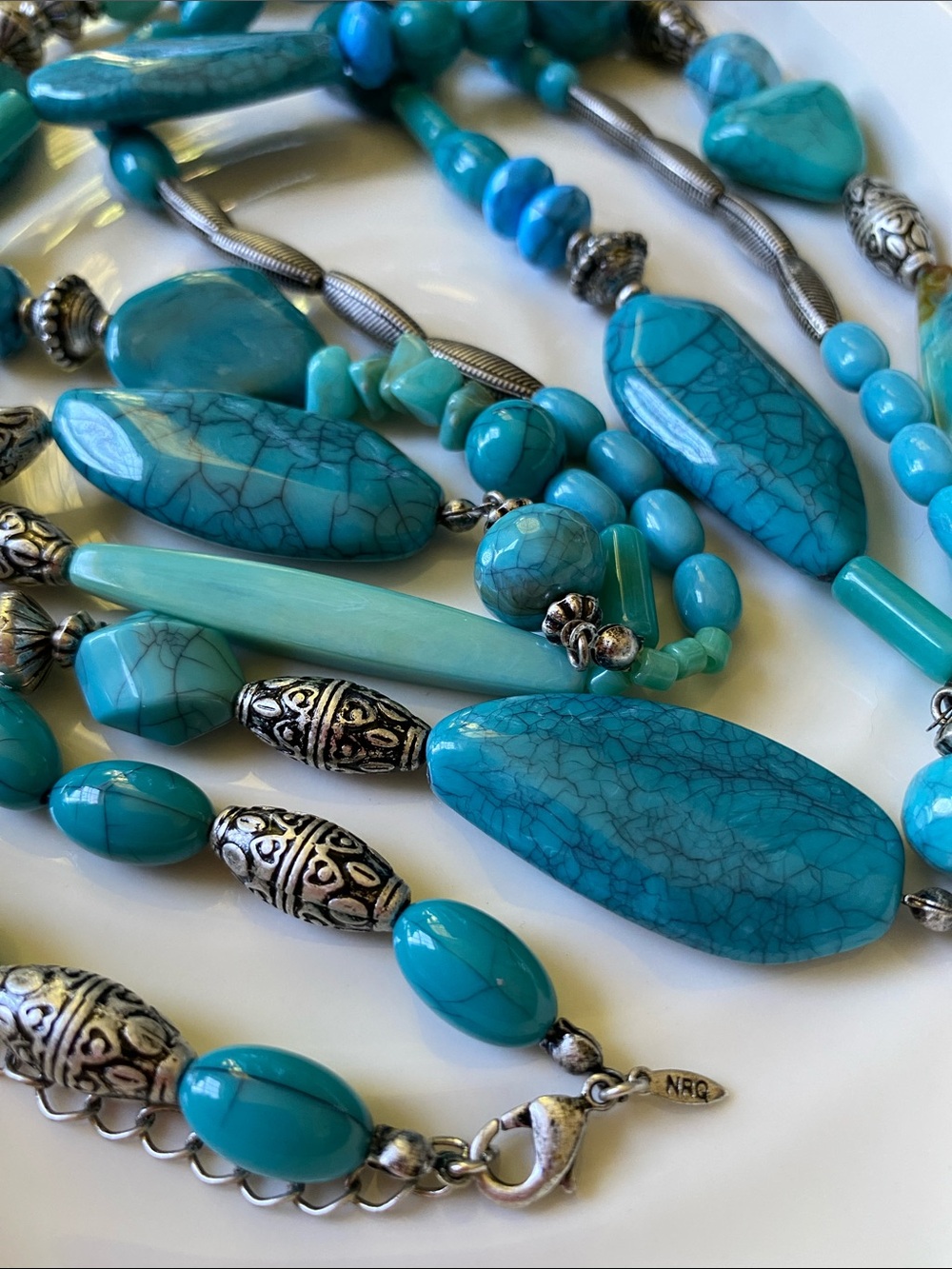 Vintage 1980’s Southwestern Turquoise & Silver Beaded Necklace Stamped NRQ